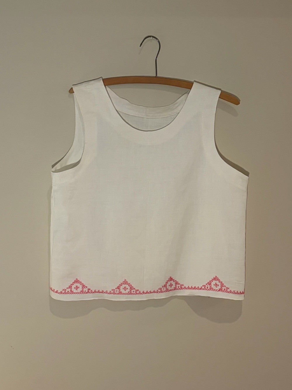 White Sleeveless Top with Pink Embroidery-Handmade